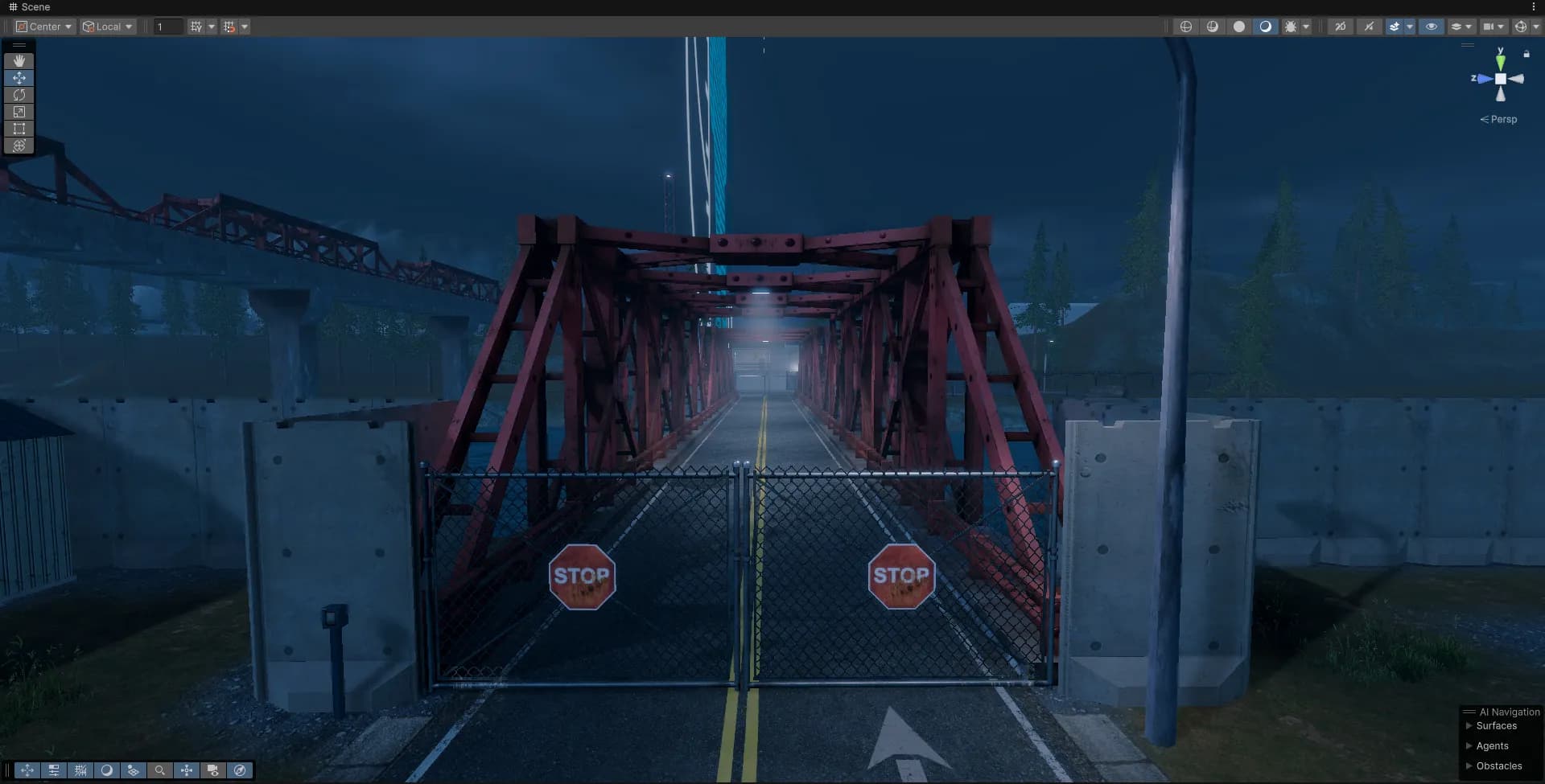 A gated checkpoint bridge blocking the approach to a fortified compound.