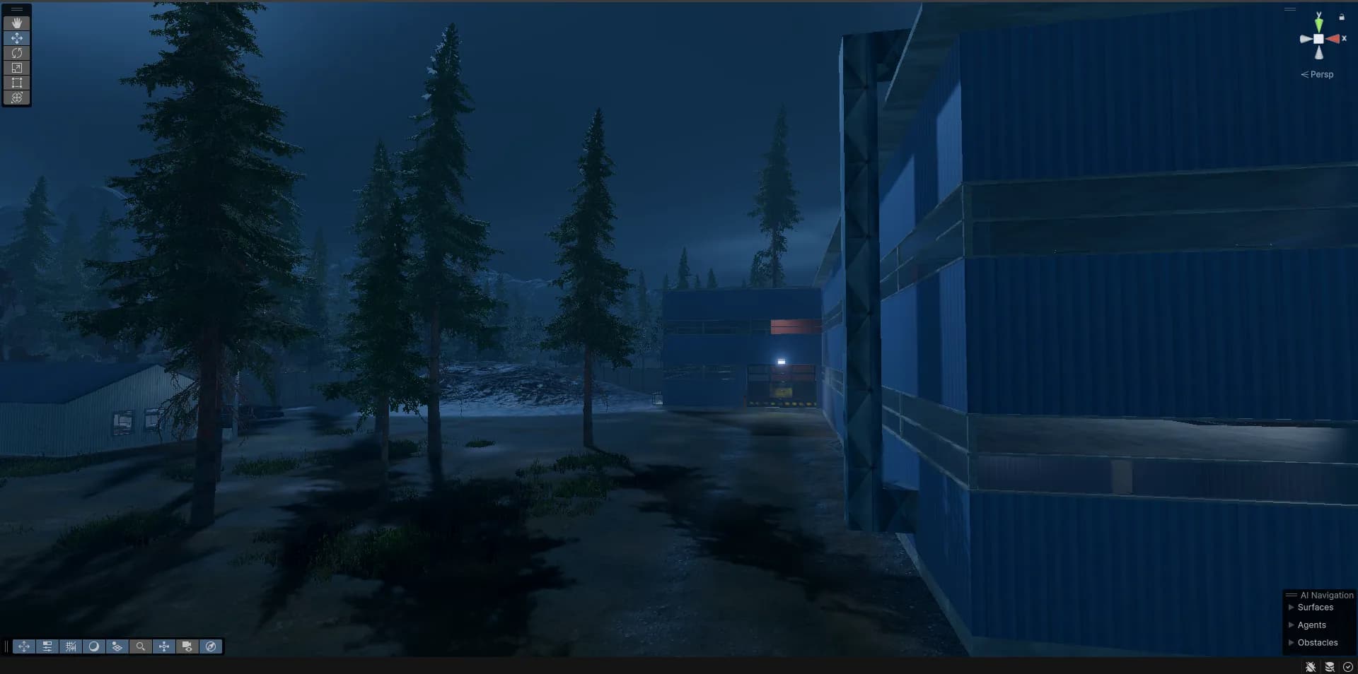 Perimeter approach along a forested compound wall during a night infiltration.