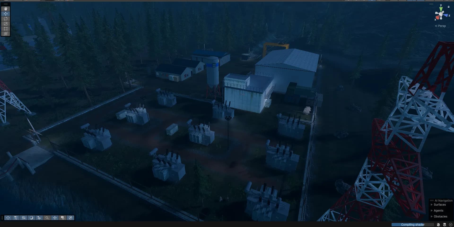 Aerial view of an industrial facility objective, with the AI navigation mesh visible for patrol routing.