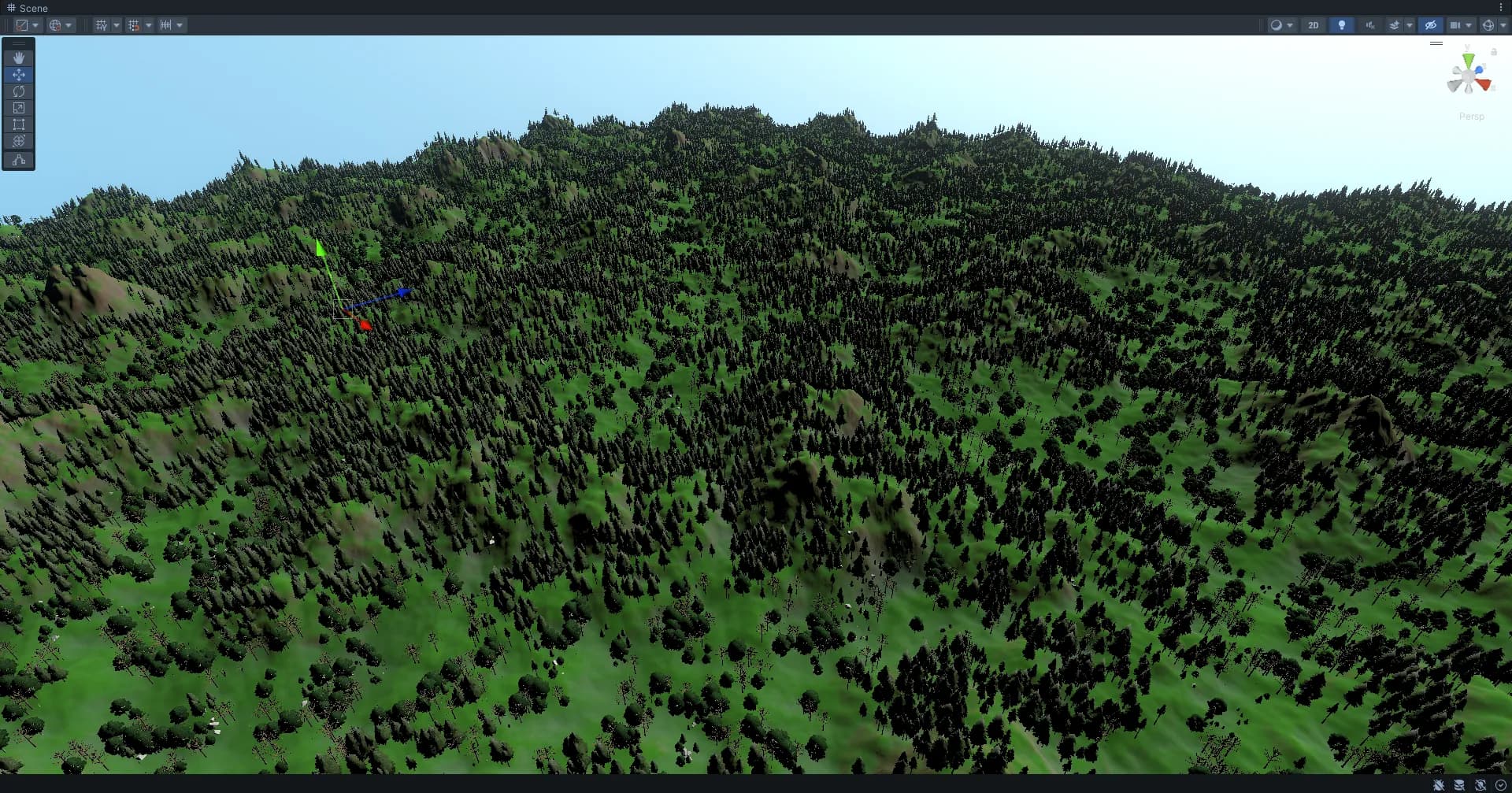 Dense canopy distribution viewed from a low flythrough angle in-editor.